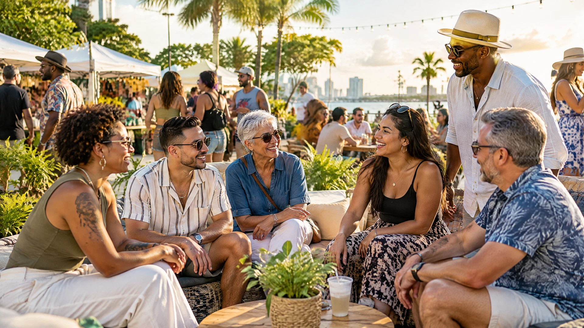 A diverse group of adults socializing at a welcoming neighborhood outdoor festival.