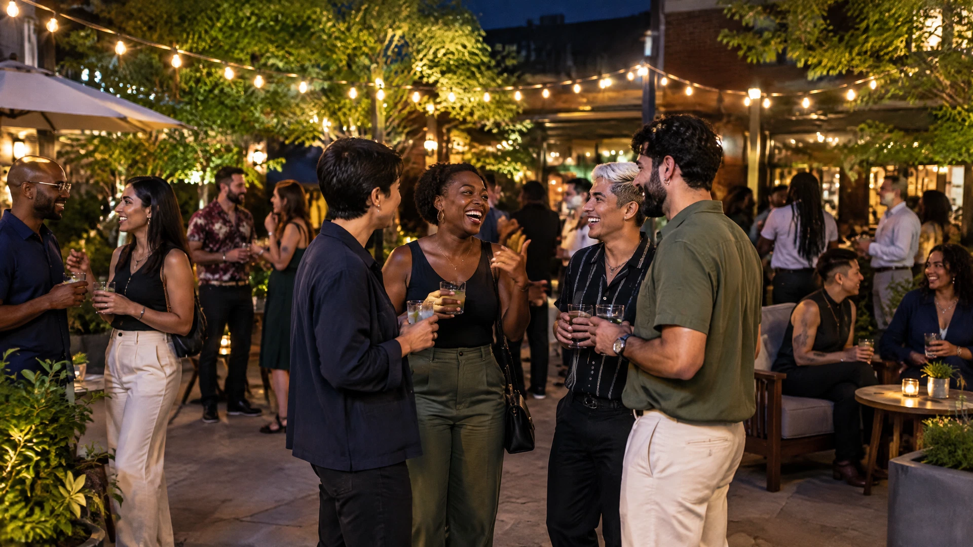 Adults socializing at a festive nighttime outdoor community gathering under warm string lights.